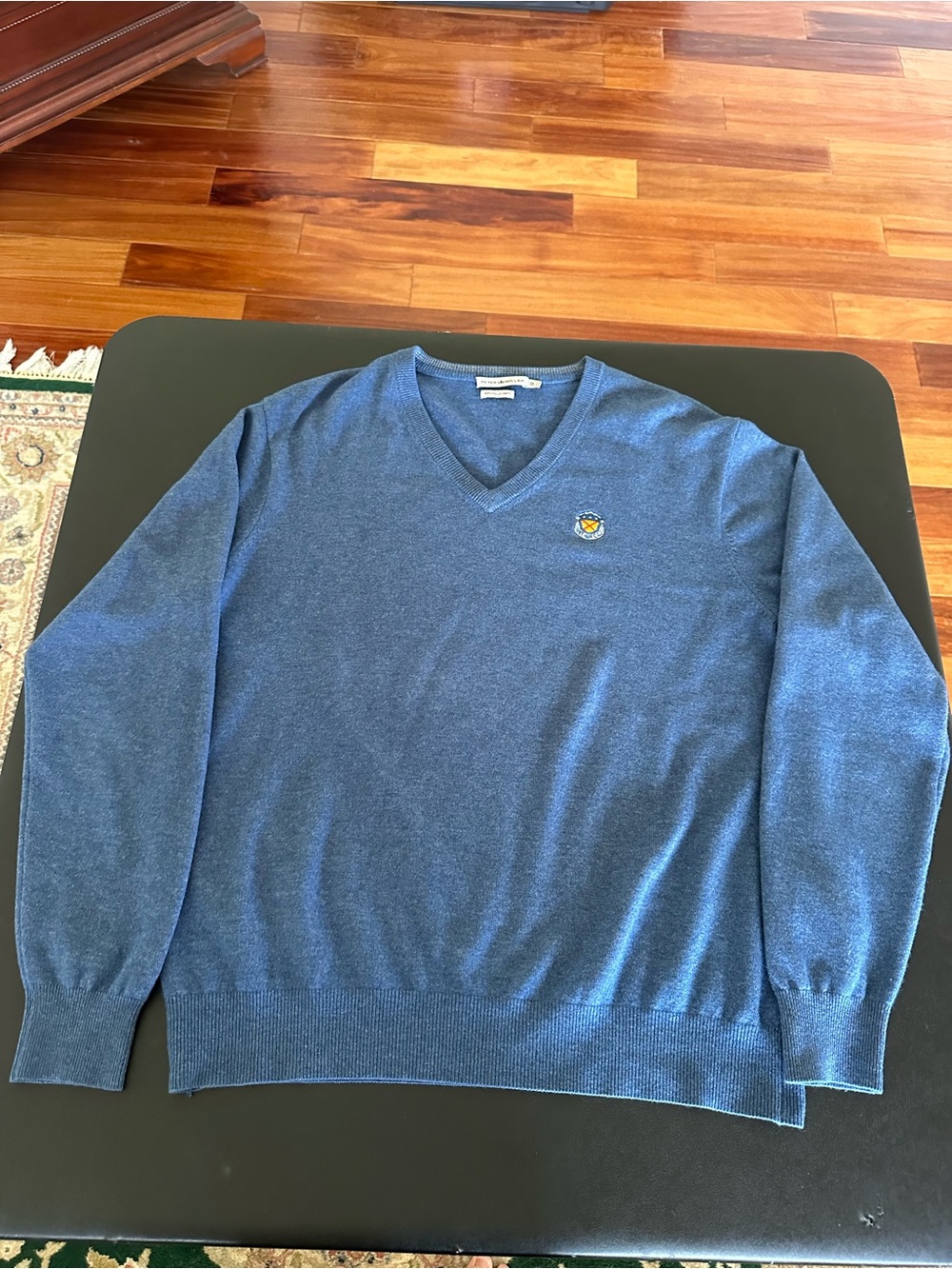 Peter Millar 100% Cashmere Blue V-Neck Men's Sweater - Bel Air CC Logo Golf XL